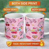 Personalized Custom Name Gummy Bear Cherry Rainbow Roller Skate Light Pink Background 11oz Ceramic Coffee Tea Mug White Large Handle