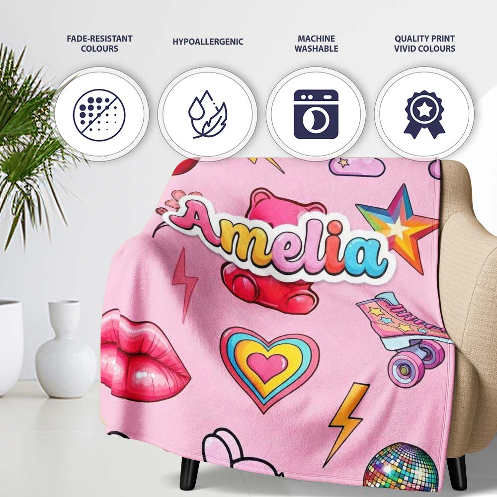 Gummy Bear Cherry Rainbow Roller Skate Light Pink Background  Personalised Custom Name Super Soft Fleece Blanket Bed Sofa Throw