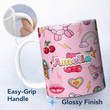 Personalized Custom Name Gummy Bear Cherry Rainbow Roller Skate Light Pink Background 11oz Ceramic Coffee Tea Mug White Large Handle