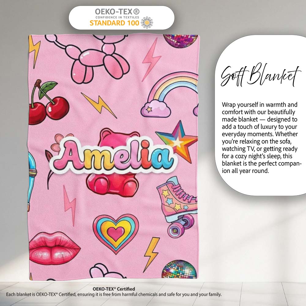 Gummy Bear Cherry Rainbow Roller Skate Light Pink Background  Personalised Custom Name Super Soft Fleece Blanket Bed Sofa Throw