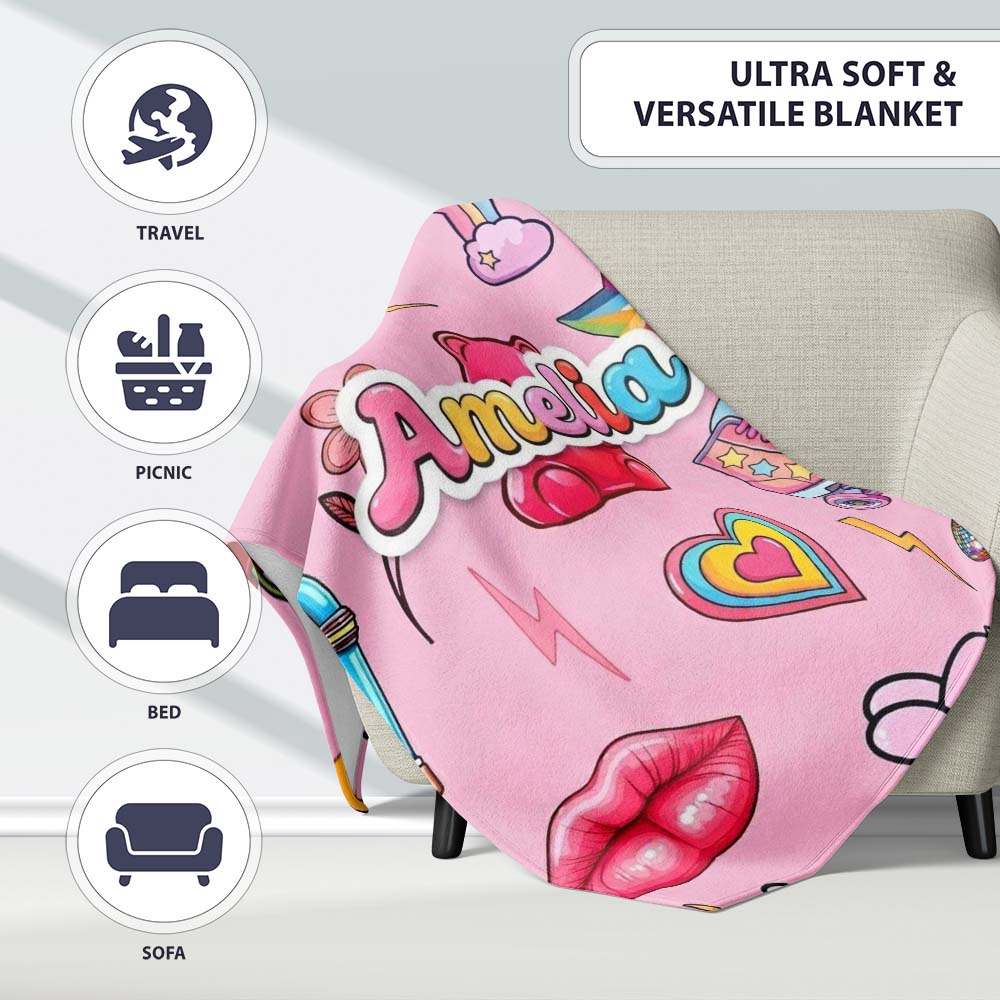 Gummy Bear Cherry Rainbow Roller Skate Light Pink Background  Personalised Custom Name Super Soft Fleece Blanket Bed Sofa Throw