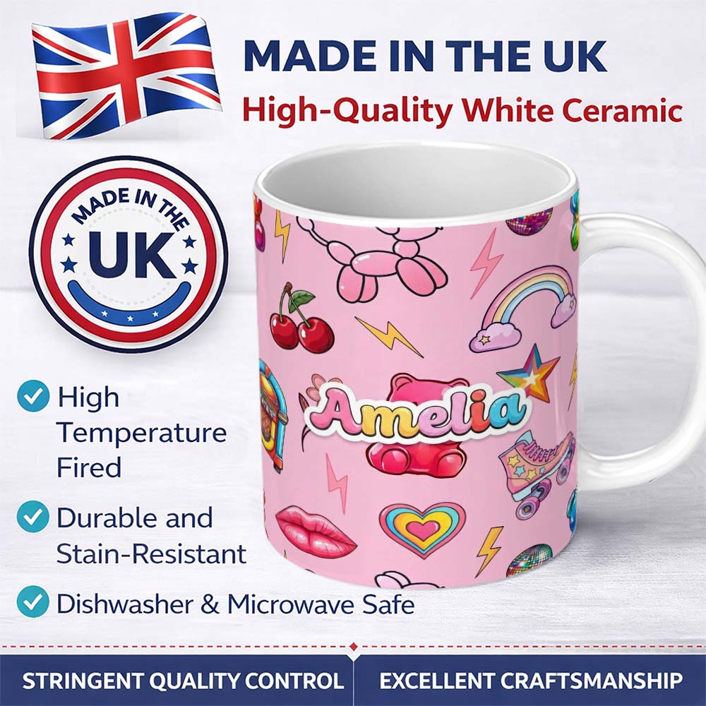 Personalized Custom Name Gummy Bear Cherry Rainbow Roller Skate Light Pink Background 11oz Ceramic Coffee Tea Mug White Large Handle