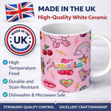 Personalized Custom Name Gummy Bear Cherry Rainbow Roller Skate Light Pink Background 11oz Ceramic Coffee Tea Mug White Large Handle