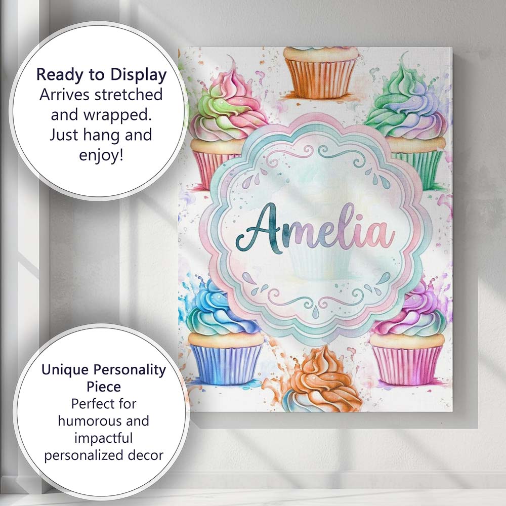 Personalised Name Watercolor Cupcake Sweet Custom  Unique Gift Idea Elegant Feature Canvas Wall Art Print Decor Picture Ready to Hang