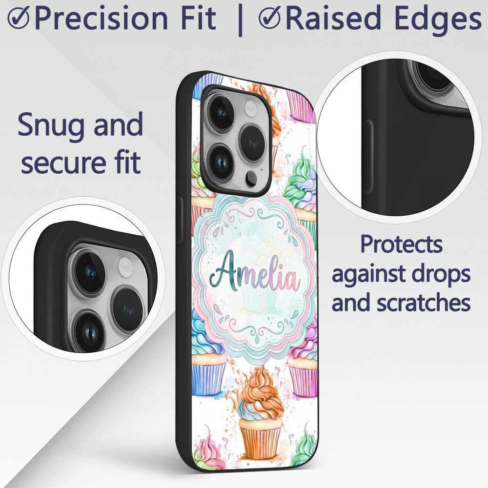 Watercolor Cupcake Sweet Dessert Splash Seamless Custom Name Protective Phone Case Mobile Cover Durable Everyday Smartphone Shock Resistant
