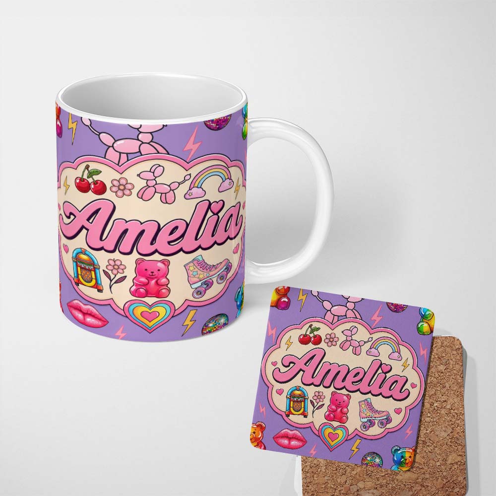 Personalized Custom Name Cute Kawaii Gummy Bear Cherry Rainbow Roller Skate Purple 11oz Ceramic Coffee Tea Mug White Large Handle