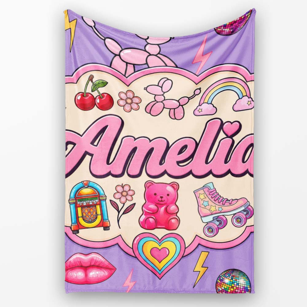Cute Kawaii Gummy Bear Cherry Rainbow Roller Skate Purple  Personalised Custom Name Super Soft Fleece Blanket Bed Sofa Throw