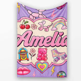 Cute Kawaii Gummy Bear Cherry Rainbow Roller Skate Purple  Personalised Custom Name Super Soft Fleece Blanket Bed Sofa Throw