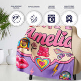 Cute Kawaii Gummy Bear Cherry Rainbow Roller Skate Purple  Personalised Custom Name Super Soft Fleece Blanket Bed Sofa Throw