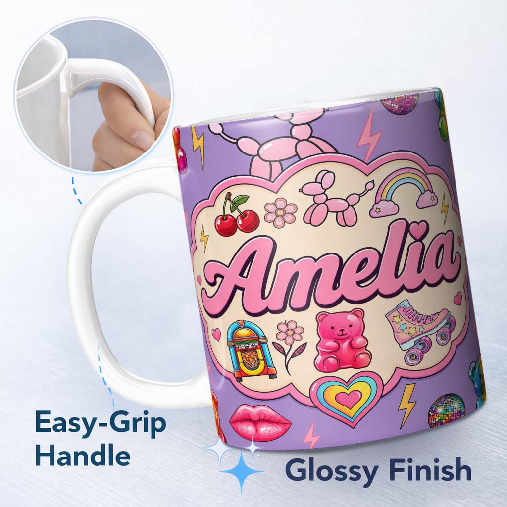 Personalized Custom Name Cute Kawaii Gummy Bear Cherry Rainbow Roller Skate Purple 11oz Ceramic Coffee Tea Mug White Large Handle