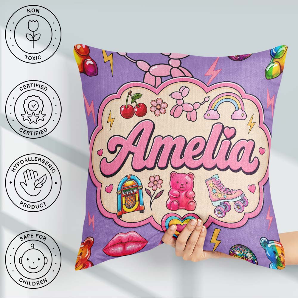 Custom Name Kawaii Gummy Bear Cherry Rainbow Roller Skate Purple Square Filled Cushion Throw Pillow Sofa Bed Home Decor Zip Washable UK Made