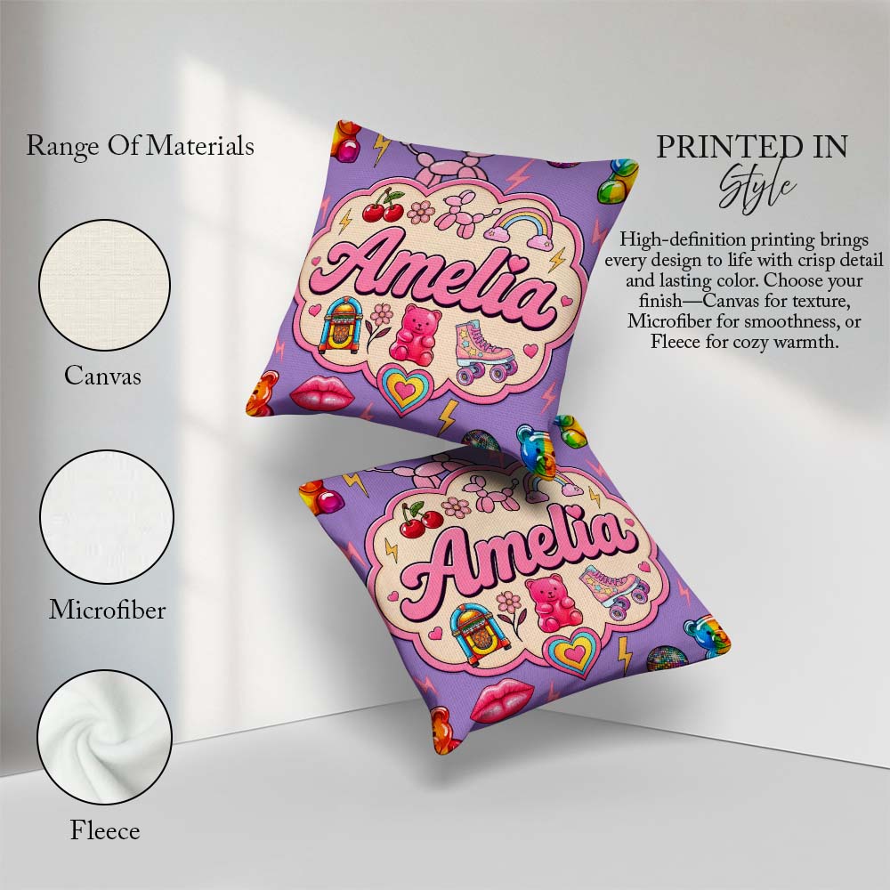 Custom Name Kawaii Gummy Bear Cherry Rainbow Roller Skate Purple Square Filled Cushion Throw Pillow Sofa Bed Home Decor Zip Washable UK Made