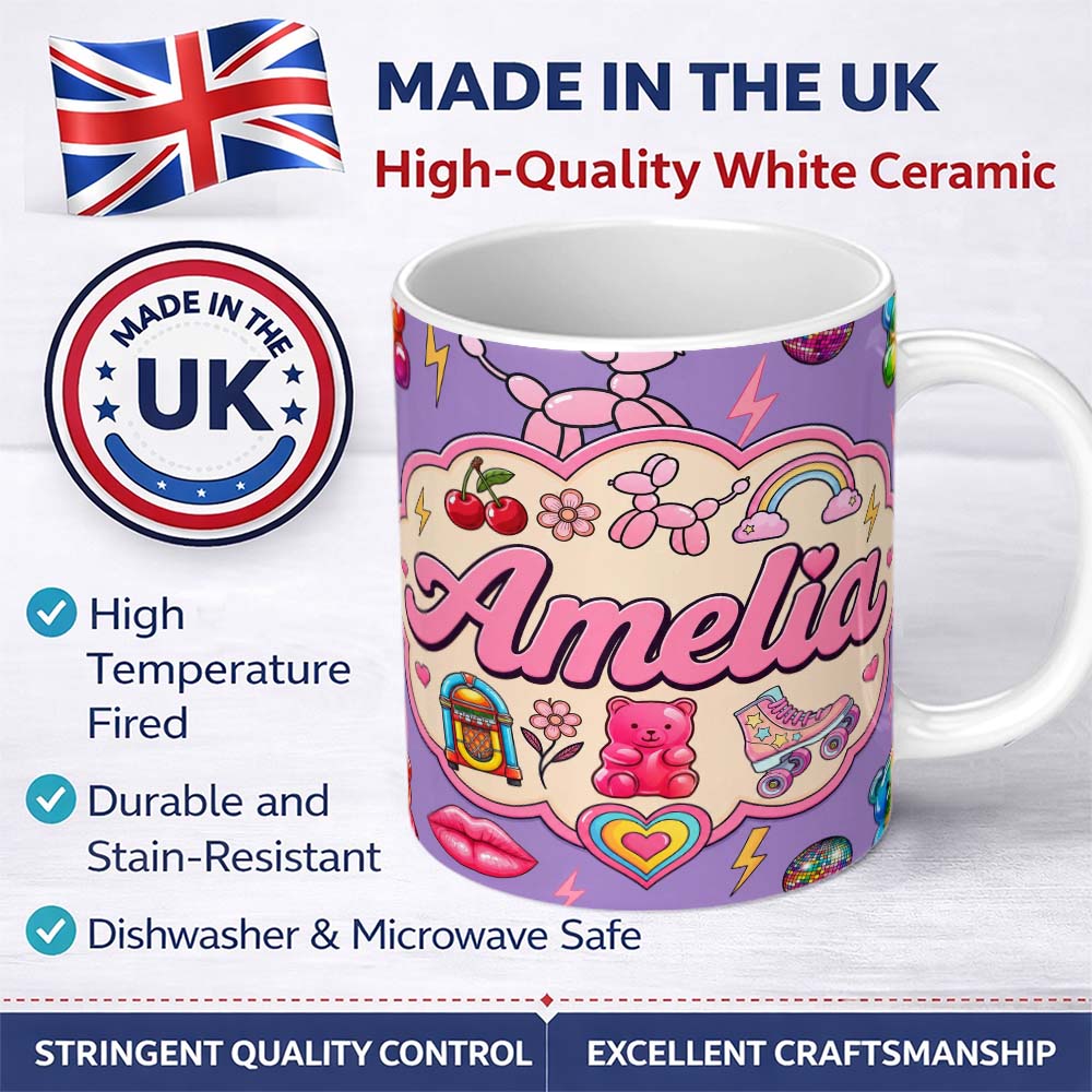 Personalized Custom Name Cute Kawaii Gummy Bear Cherry Rainbow Roller Skate Purple 11oz Ceramic Coffee Tea Mug White Large Handle