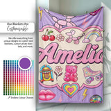 Cute Kawaii Gummy Bear Cherry Rainbow Roller Skate Purple  Personalised Custom Name Super Soft Fleece Blanket Bed Sofa Throw