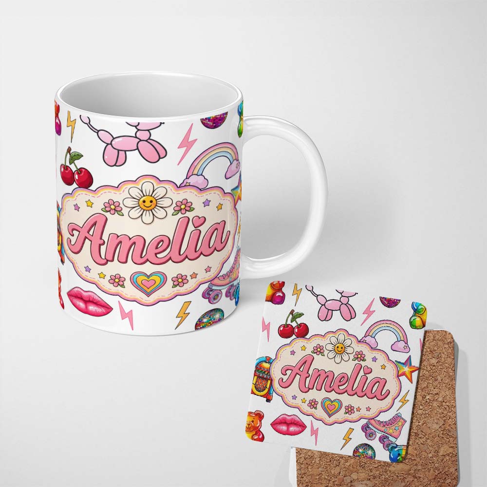 Personalized Custom Name Cute Kawaii Gummy Bear Cherry Rainbow Roller Skate Grey Background 11oz Ceramic Coffee Tea Mug White Large Handle