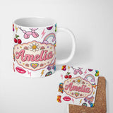 Personalized Custom Name Cute Kawaii Gummy Bear Cherry Rainbow Roller Skate Grey Background 11oz Ceramic Coffee Tea Mug White Large Handle