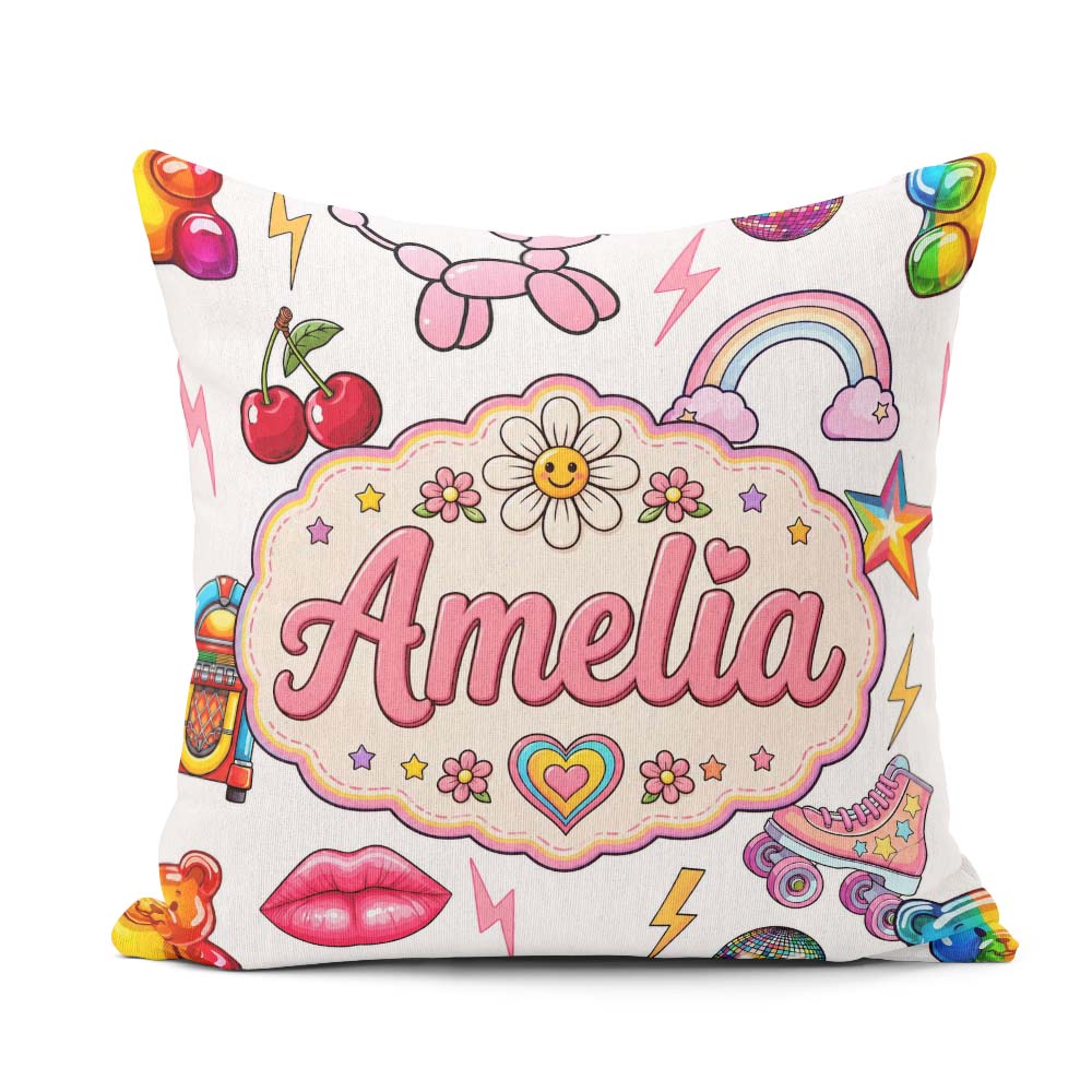 Custom Name Kawaii Gummy Bear Cherry Rainbow Roller Skate Grey Square Filled Cushion Throw Pillow Sofa Bed Home Decor Zip Washable UK Made