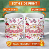 Personalized Custom Name Cute Kawaii Gummy Bear Cherry Rainbow Roller Skate Grey Background 11oz Ceramic Coffee Tea Mug White Large Handle