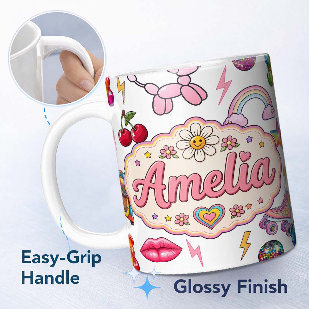 Personalized Custom Name Cute Kawaii Gummy Bear Cherry Rainbow Roller Skate Grey Background 11oz Ceramic Coffee Tea Mug White Large Handle