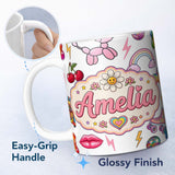 Personalized Custom Name Cute Kawaii Gummy Bear Cherry Rainbow Roller Skate Grey Background 11oz Ceramic Coffee Tea Mug White Large Handle