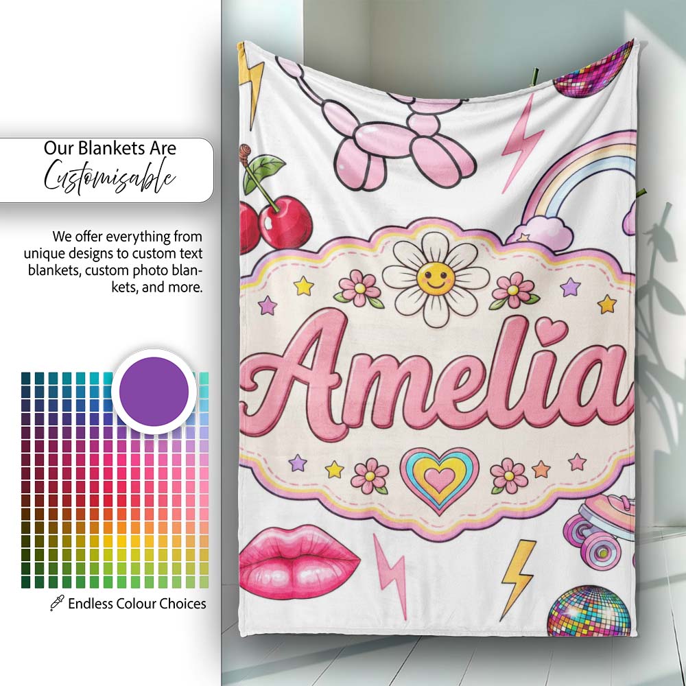 Cute Kawaii Gummy Bear Cherry Rainbow Roller Skate Grey Background  Personalised Custom Name Super Soft Fleece Blanket Bed Sofa Throw
