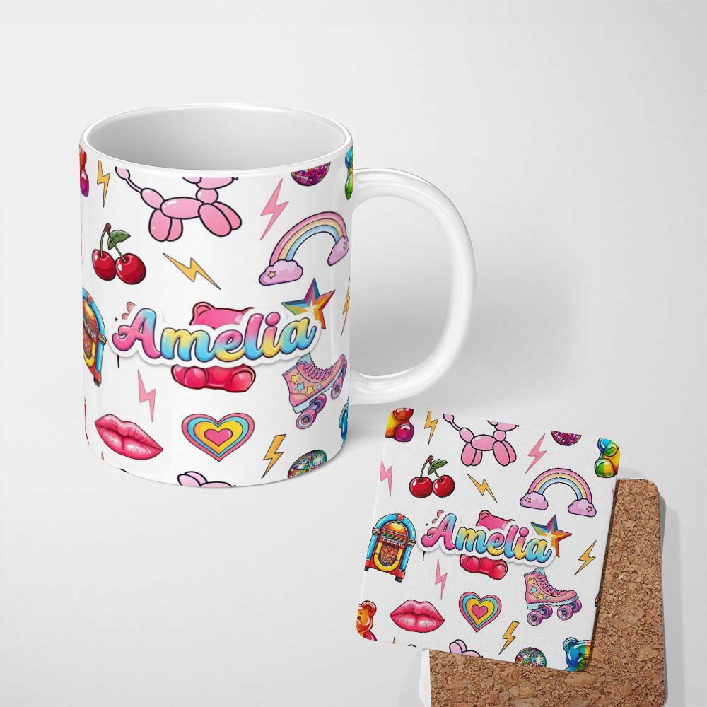 Personalized Custom Name Cute Kawaii Gummy Bear Cherry Rainbow Roller Skate White Background 11oz Ceramic Coffee Tea Mug White Large Handle