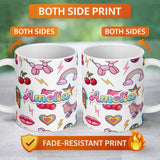 Personalized Custom Name Cute Kawaii Gummy Bear Cherry Rainbow Roller Skate White Background 11oz Ceramic Coffee Tea Mug White Large Handle