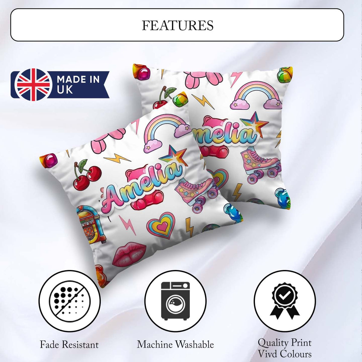 Custom Name Kawaii Gummy Bear Cherry Rainbow Roller Skate White Square Filled Cushion Throw Pillow Sofa Bed Home Decor Zip Washable UK Made