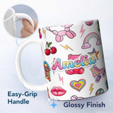 Personalized Custom Name Cute Kawaii Gummy Bear Cherry Rainbow Roller Skate White Background 11oz Ceramic Coffee Tea Mug White Large Handle