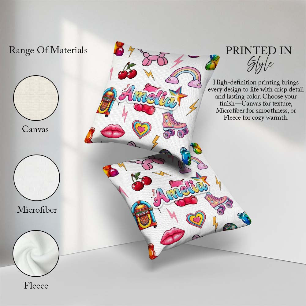 Custom Name Kawaii Gummy Bear Cherry Rainbow Roller Skate White Square Filled Cushion Throw Pillow Sofa Bed Home Decor Zip Washable UK Made