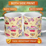 Personalized Custom Name Cute Kawaii Gummy Bear Cherry Rainbow Roller Skate Beige Background 11oz Ceramic Coffee Tea Mug White Large Handle