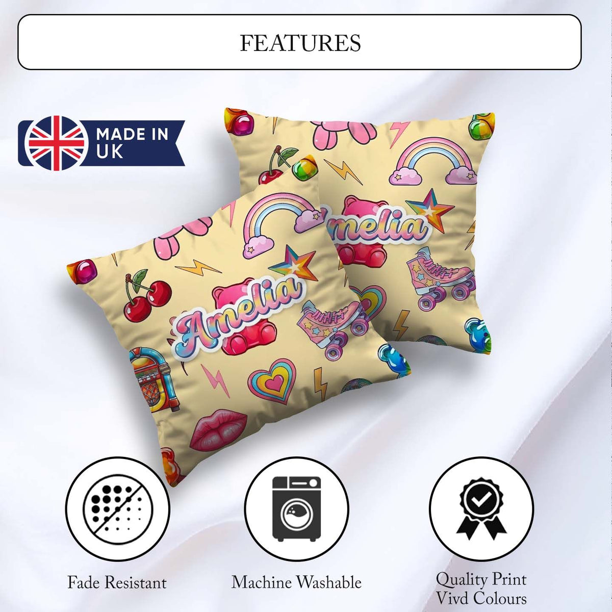Custom Name Kawaii Gummy Bear Cherry Rainbow Roller Skate Beige Square Filled Cushion Throw Pillow Sofa Bed Home Decor Zip Washable UK Made