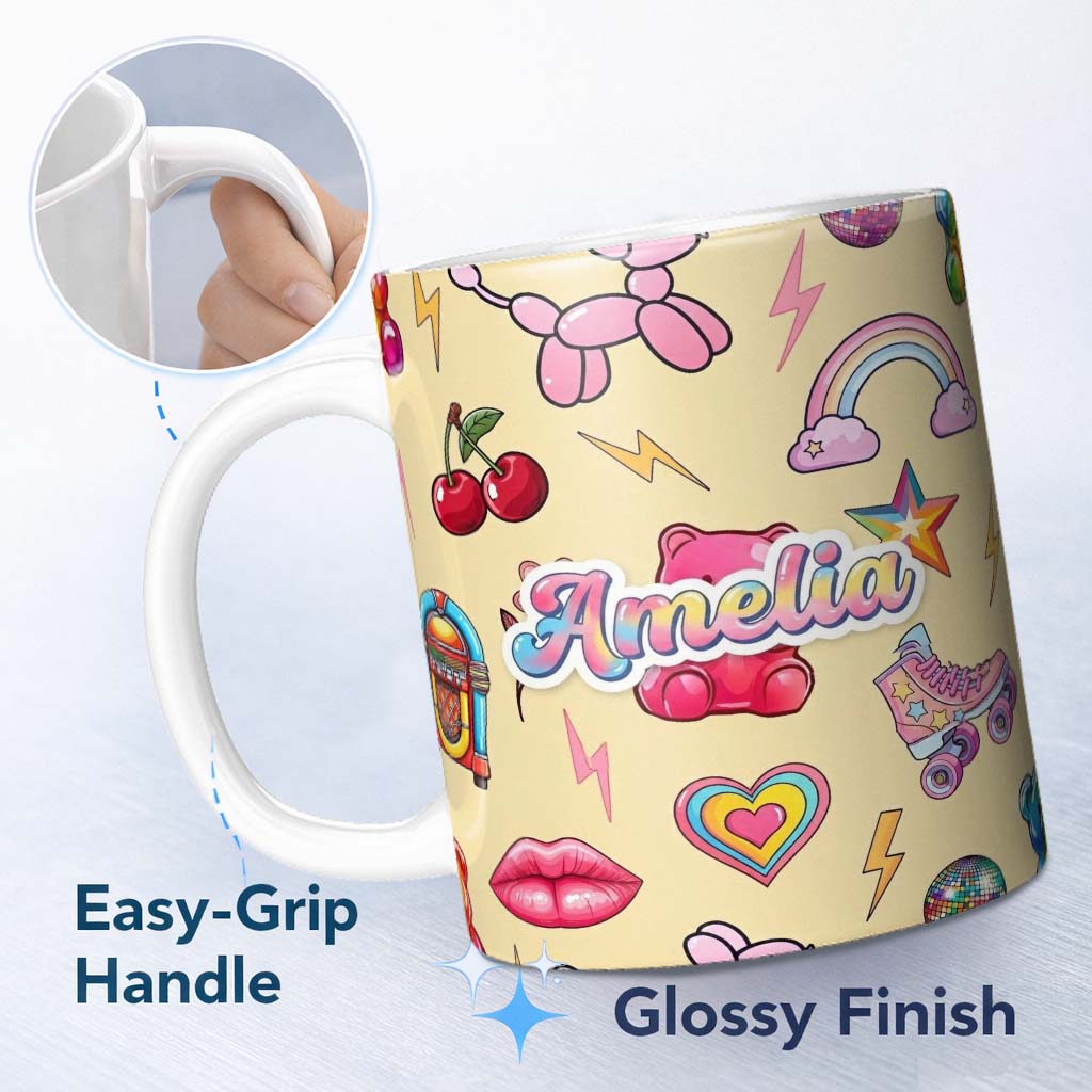 Personalized Custom Name Cute Kawaii Gummy Bear Cherry Rainbow Roller Skate Beige Background 11oz Ceramic Coffee Tea Mug White Large Handle