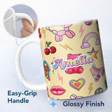 Personalized Custom Name Cute Kawaii Gummy Bear Cherry Rainbow Roller Skate Beige Background 11oz Ceramic Coffee Tea Mug White Large Handle