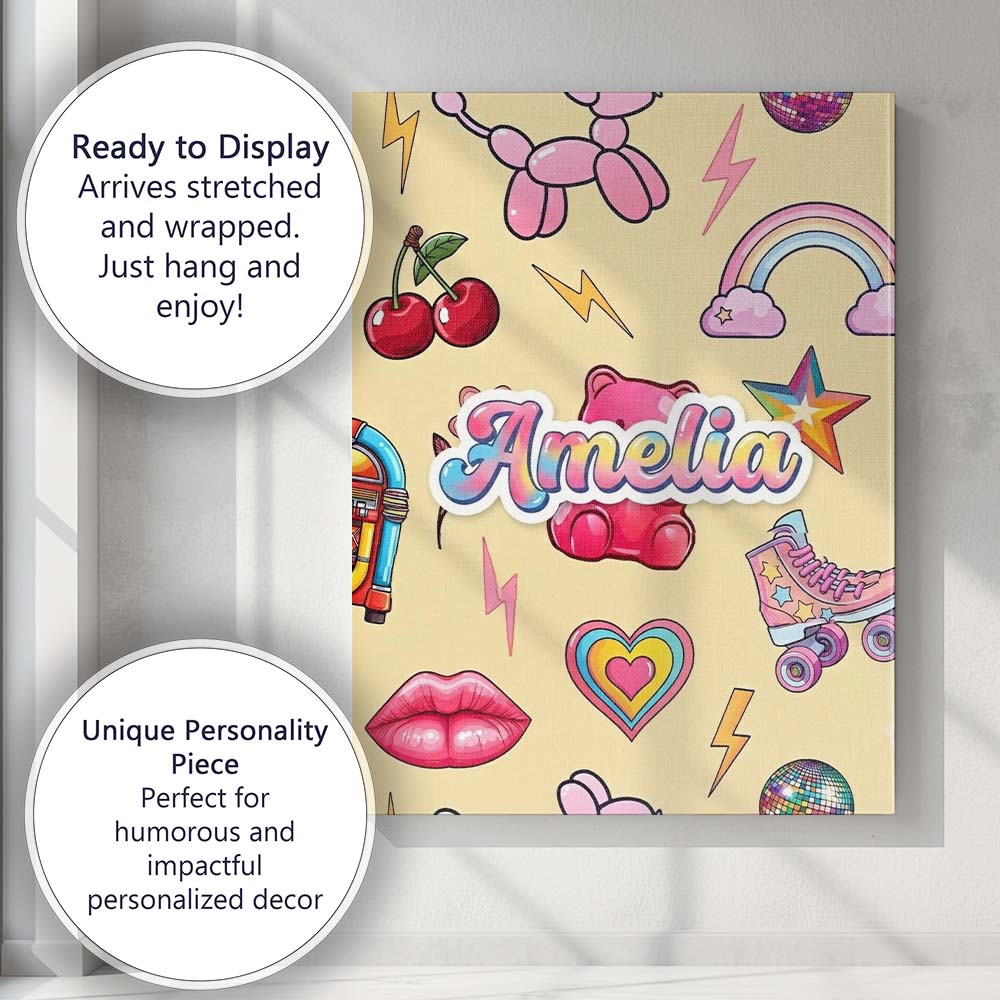 Personalised Name Cute Kawaii Gummy Bear Custom  Unique Gift Idea Elegant Feature Canvas Wall Art Print Decor Picture Ready to Hang