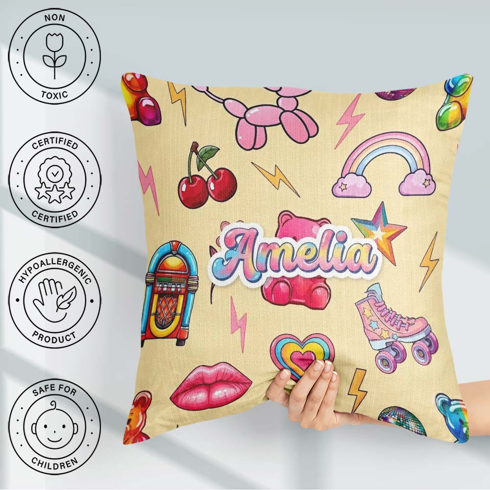 Custom Name Kawaii Gummy Bear Cherry Rainbow Roller Skate Beige Square Filled Cushion Throw Pillow Sofa Bed Home Decor Zip Washable UK Made