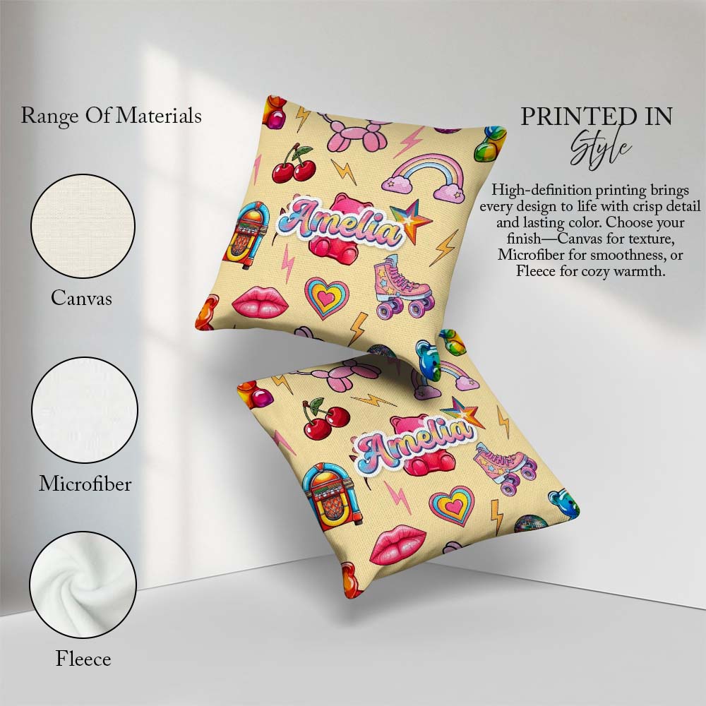 Custom Name Kawaii Gummy Bear Cherry Rainbow Roller Skate Beige Square Filled Cushion Throw Pillow Sofa Bed Home Decor Zip Washable UK Made