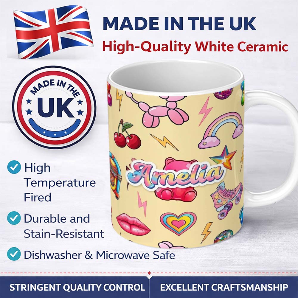 Personalized Custom Name Cute Kawaii Gummy Bear Cherry Rainbow Roller Skate Beige Background 11oz Ceramic Coffee Tea Mug White Large Handle