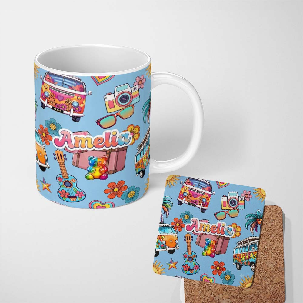 Personalized Custom Name Hippie Vans Camera Guitar Floral Blue Background Seamless Custom 11oz Ceramic Coffee Tea Mug White Large Handle