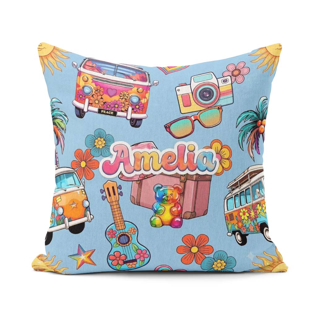 Custom Name Hippie Vans Camera Guitar Floral Background Seamless Square Filled Cushion Throw Pillow Sofa Bed Home Decor Zip Washable UK Made