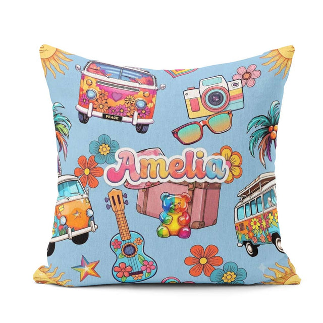 Custom Name Hippie Vans Camera Guitar Floral Background Seamless Square Filled Cushion Throw Pillow Sofa Bed Home Decor Zip Washable UK Made