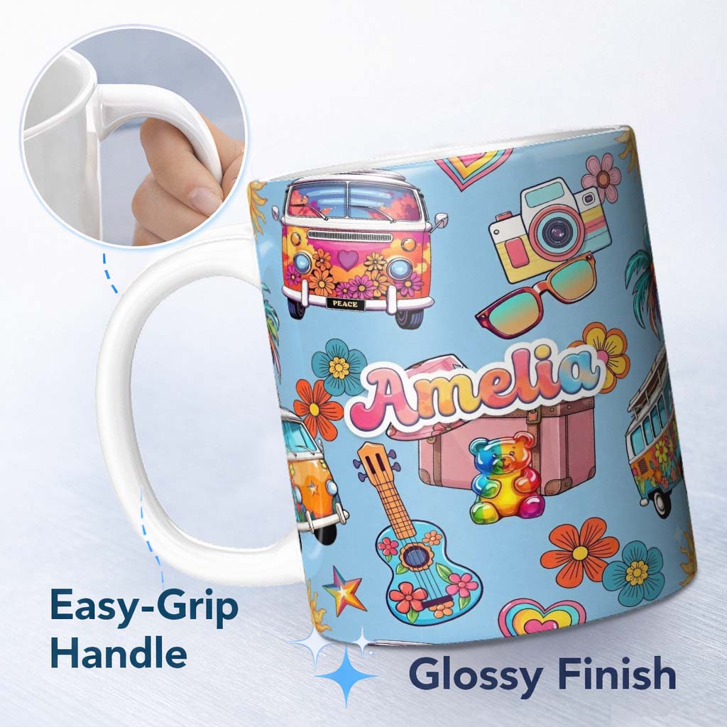 Personalized Custom Name Hippie Vans Camera Guitar Floral Blue Background Seamless Custom 11oz Ceramic Coffee Tea Mug White Large Handle