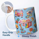 Personalized Custom Name Hippie Vans Camera Guitar Floral Blue Background Seamless Custom 11oz Ceramic Coffee Tea Mug White Large Handle