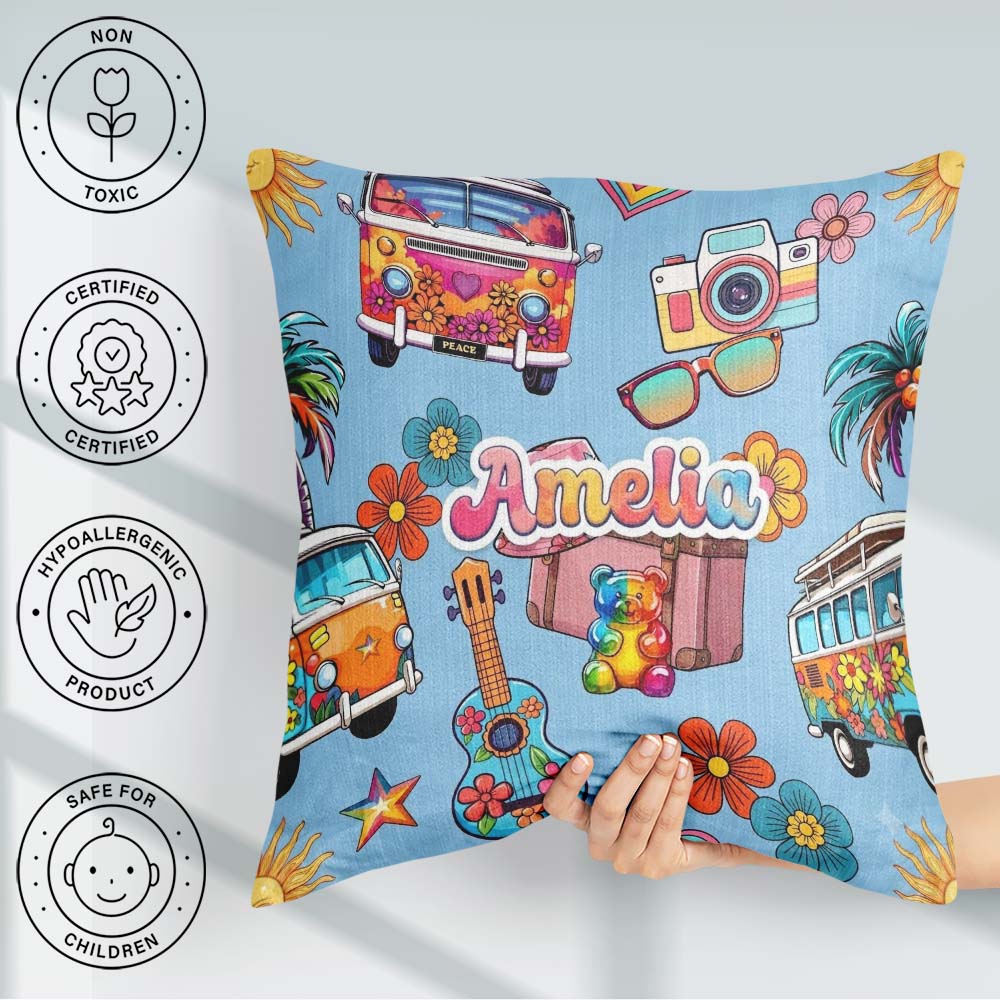 Custom Name Hippie Vans Camera Guitar Floral Background Seamless Square Filled Cushion Throw Pillow Sofa Bed Home Decor Zip Washable UK Made