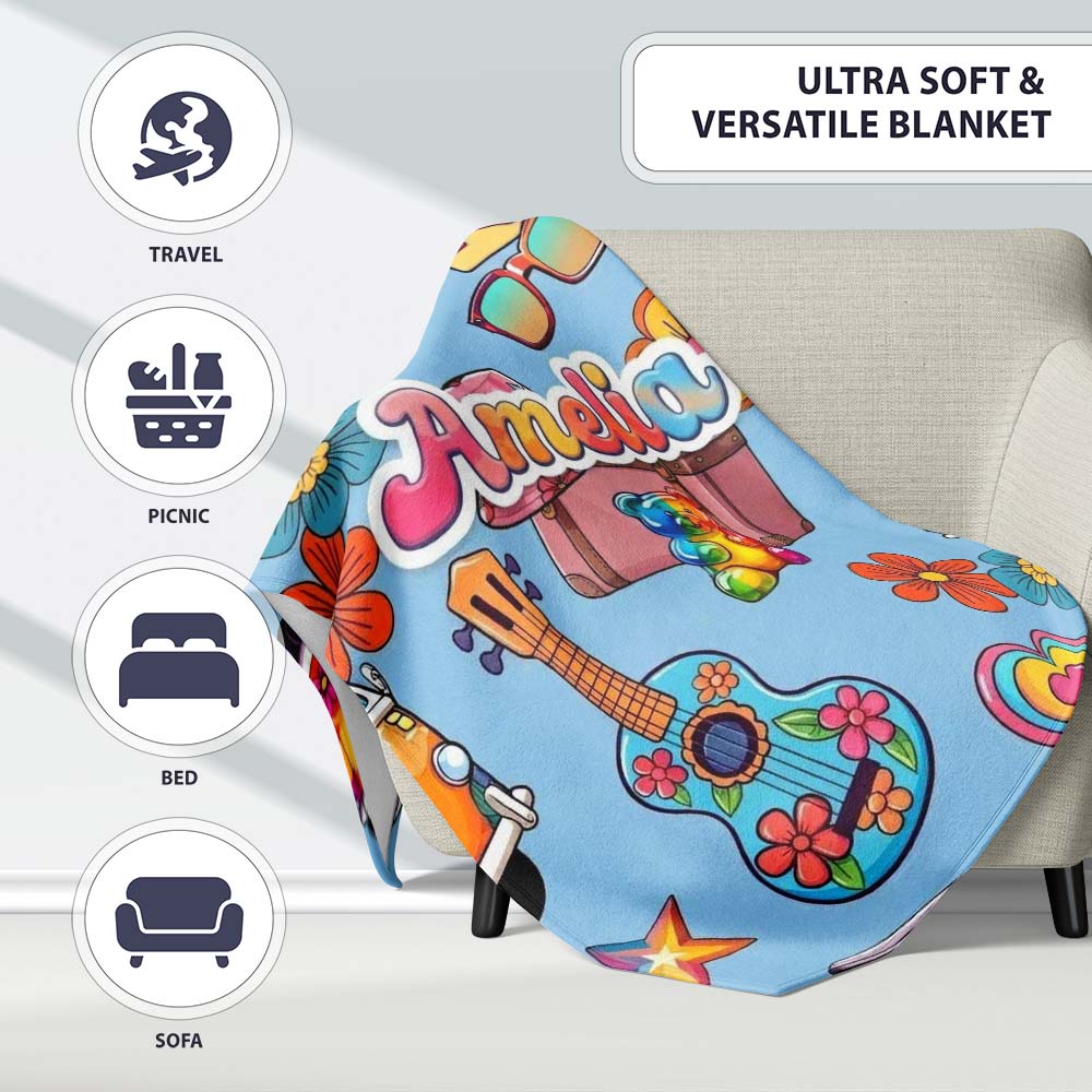 Hippie Vans Camera Guitar Floral Blue Background Seamless Custom  Personalised Custom Name Super Soft Fleece Blanket Bed Sofa Throw