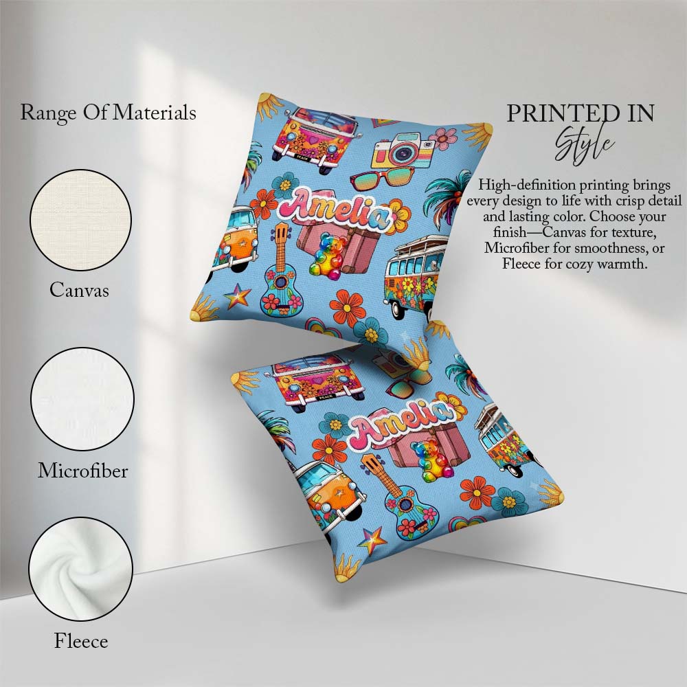 Custom Name Hippie Vans Camera Guitar Floral Background Seamless Square Filled Cushion Throw Pillow Sofa Bed Home Decor Zip Washable UK Made