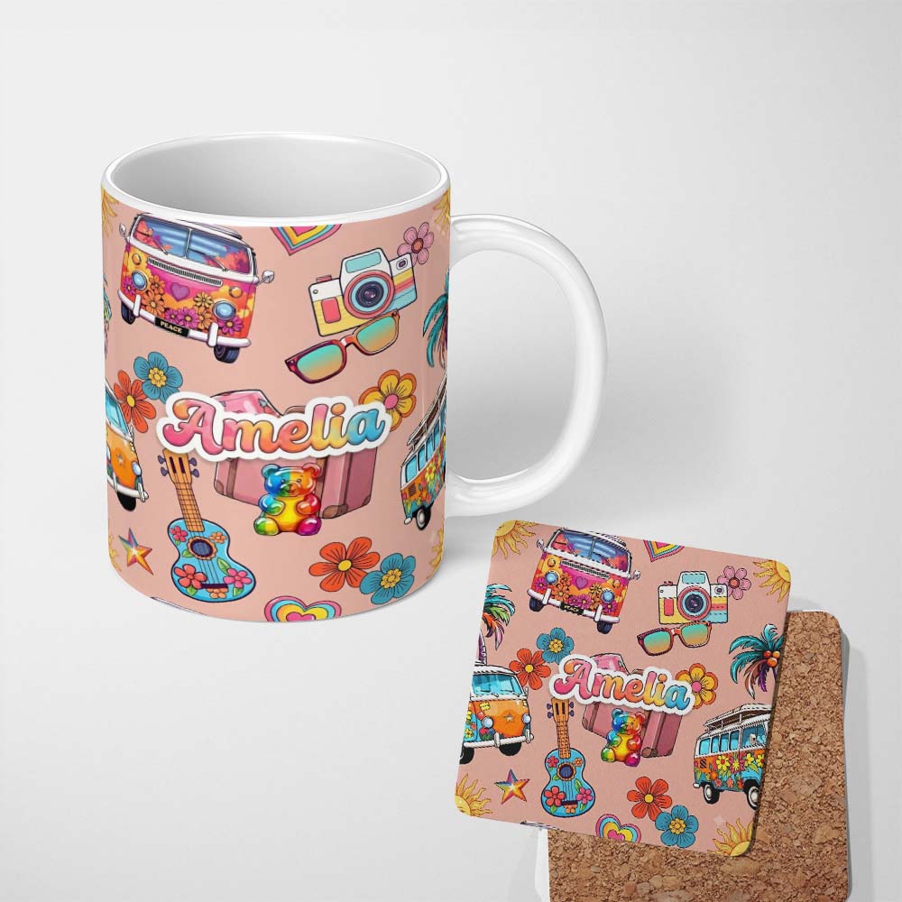 Personalized Custom Name Hippie Vans Camera Guitar Floral Peach Background Seamless Name Cute 11oz Ceramic Coffee Tea Mug White Large Handle