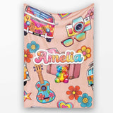 Hippie Vans Camera Guitar Floral Peach Background Seamless Name Cute  Personalised Custom Name Super Soft Fleece Blanket Bed Sofa Throw