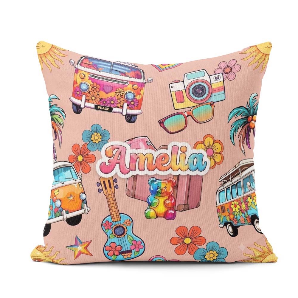 Custom Name Hippie Vans Camera Guitar Floral Peach Seamless Name Square Filled Cushion Throw Pillow Sofa Bed Home Decor Zip Washable UK Made