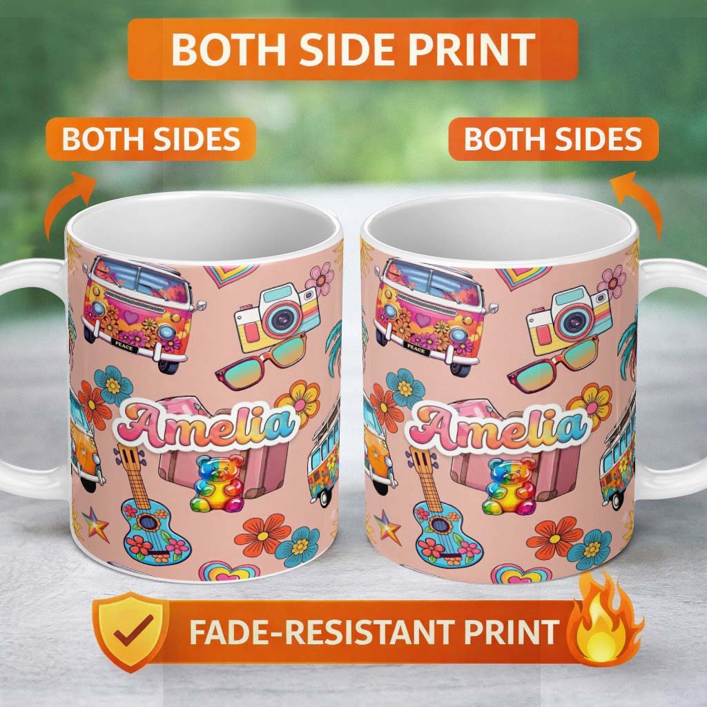 Personalized Custom Name Hippie Vans Camera Guitar Floral Peach Background Seamless Name Cute 11oz Ceramic Coffee Tea Mug White Large Handle